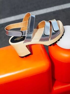 Free People x Swedish Hasbeens Metallic Silver Leather Velcro Clog Sandal